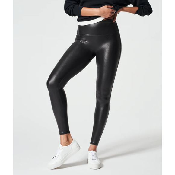 SPANX Pants - SPANX Black Faux Leather Shaping Leggings Size XS